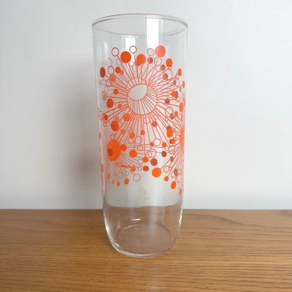 Vintage D Campbell 32 oz Glass Tumbler Orange Atomic Starburst Design Drinkware‎
